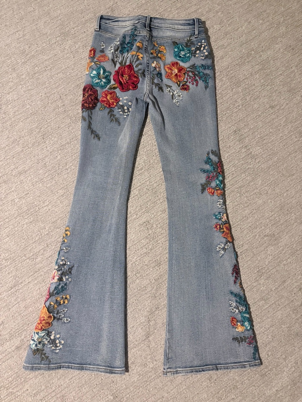 Free People Driftwood Farrah Embroidered Flare Jeans in Light Blue Floral Detail - Picture 2 of 9